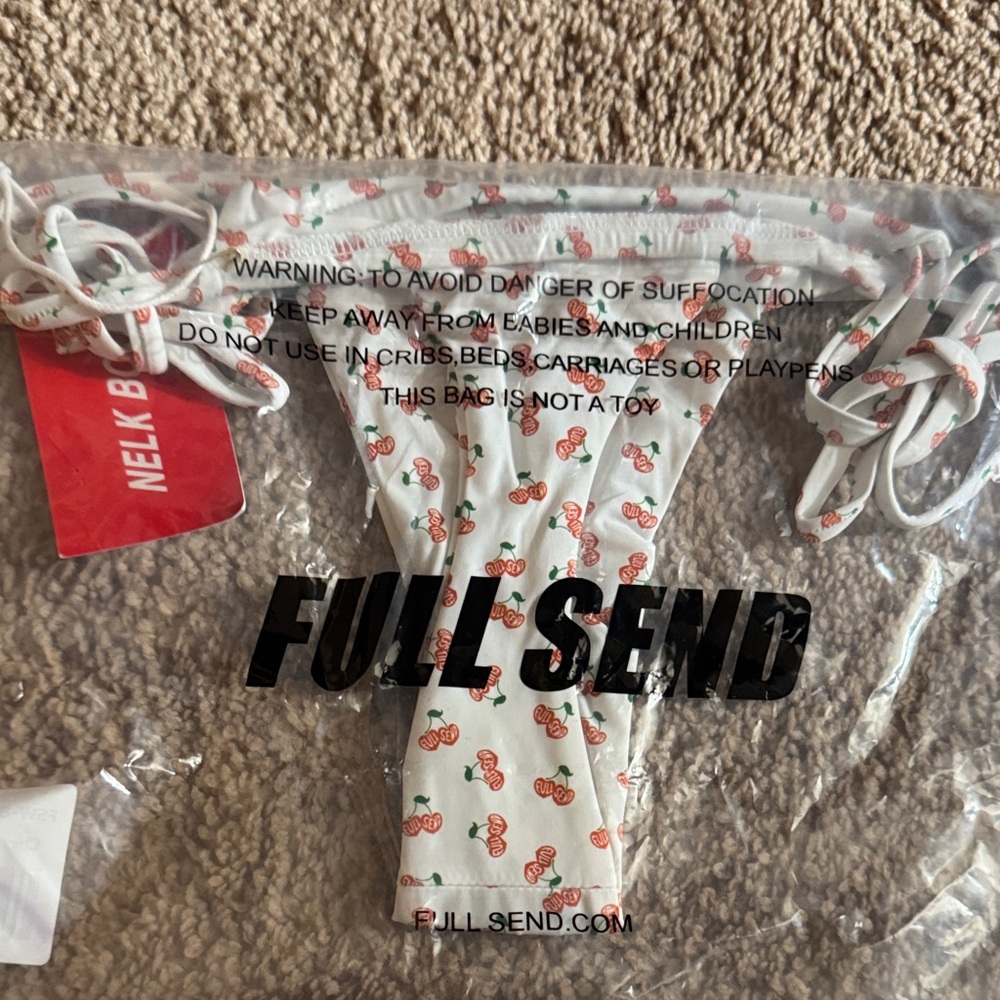 Full Send White Bikini Bottom with Cherry Print and top